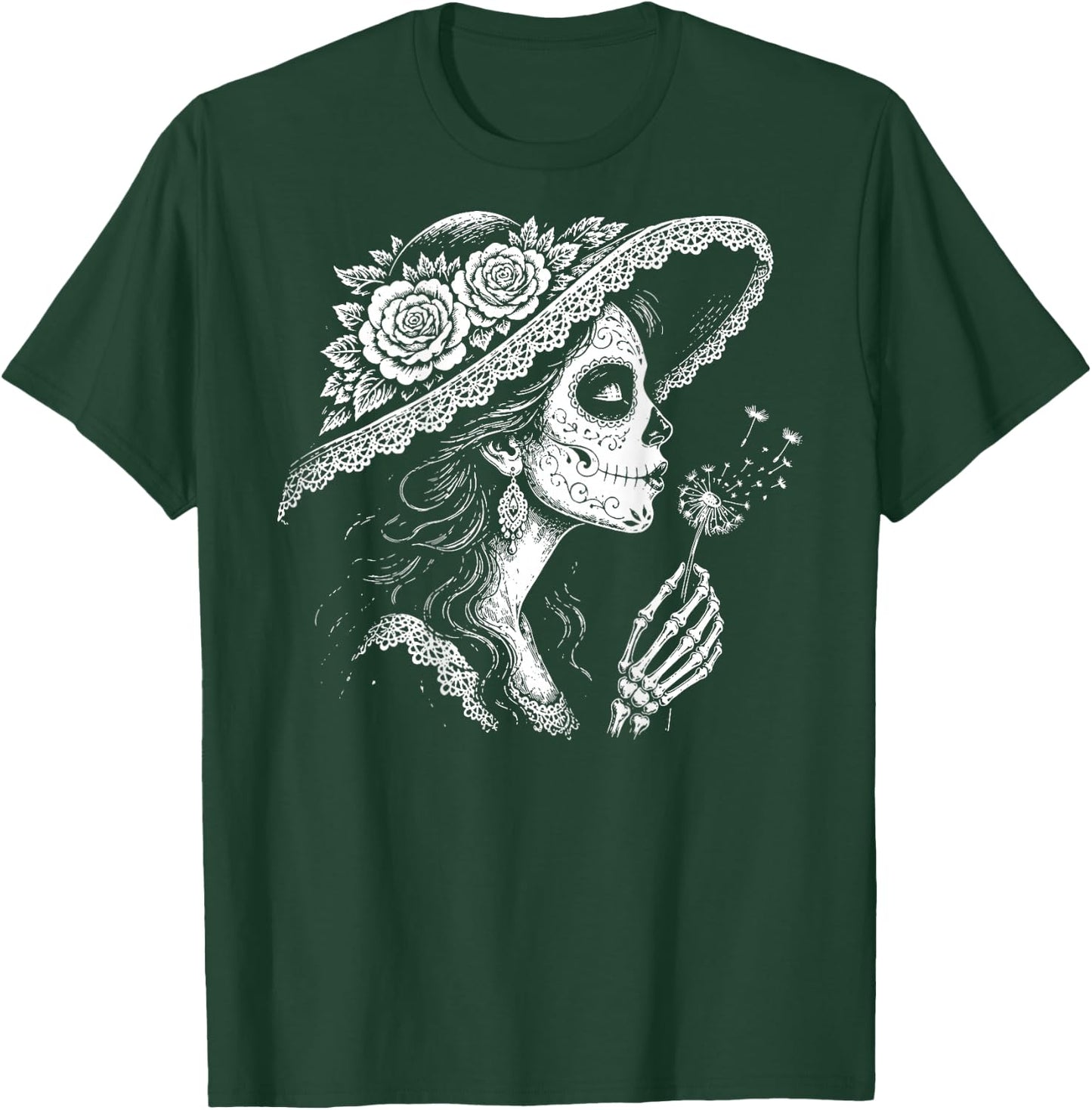 (On Back) la Catrina Blowing Wishes Dandelion Retro Vintage T-Shirt - T-Shirt | Forest