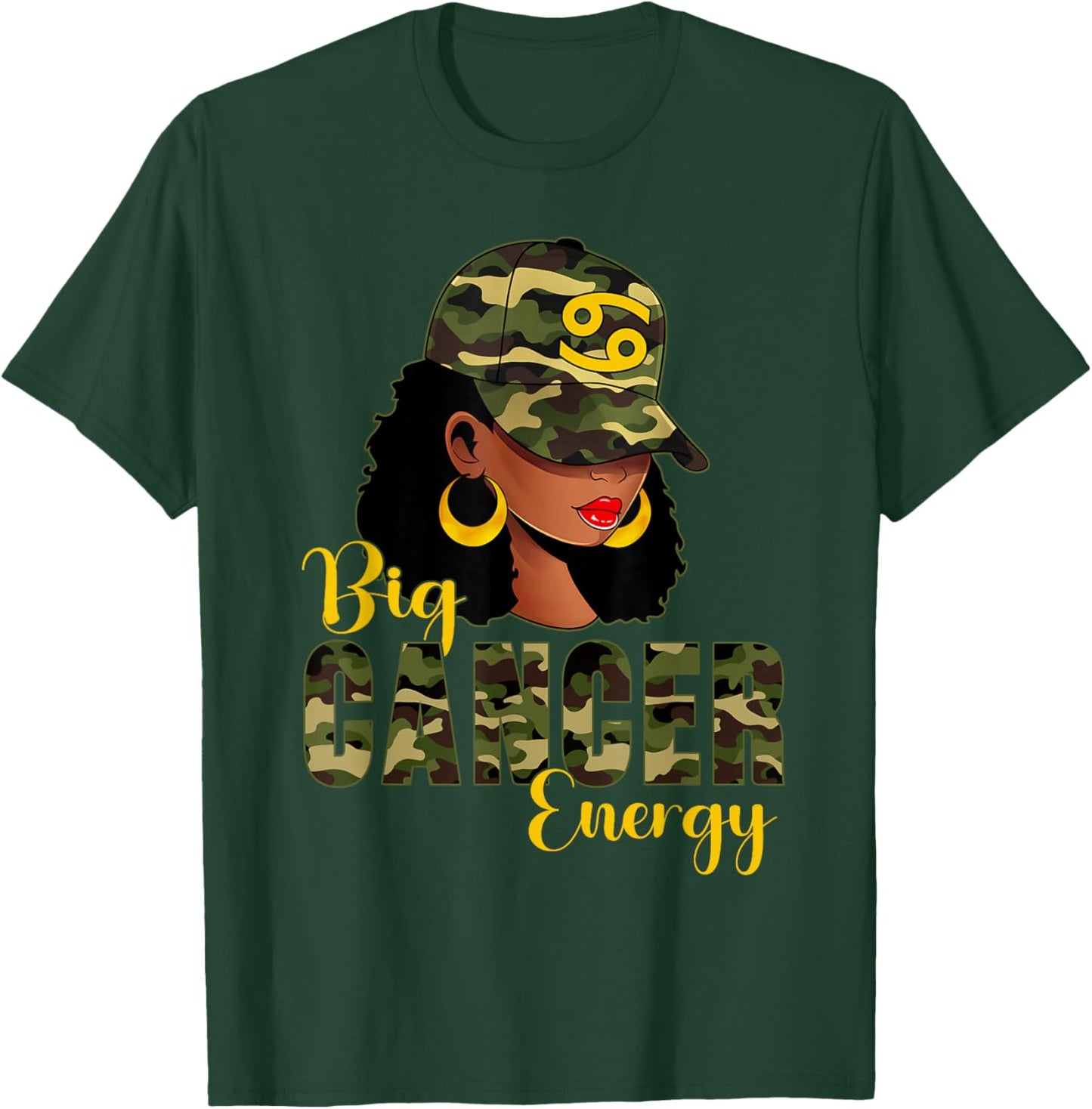 Big Cancer Energy Camouflage Black Woman Cap Zodiac T-Shirt - T-Shirt | Forest