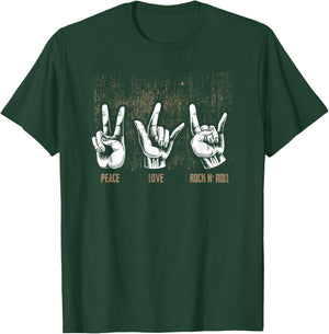Peace Love Rock and Roll Guitar Hippie Hand Signs T-Shirt - T-Shirt | Forest