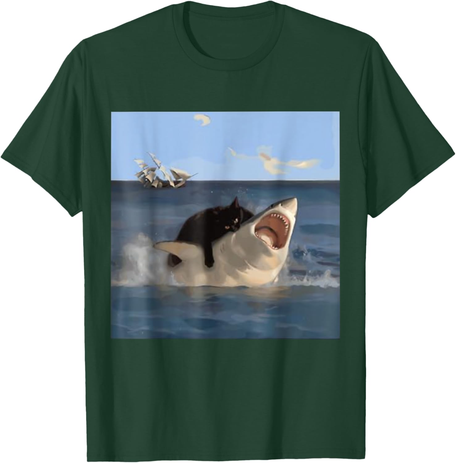 Cat Biting Shark Funny T-Shirt - T-Shirt | Forest