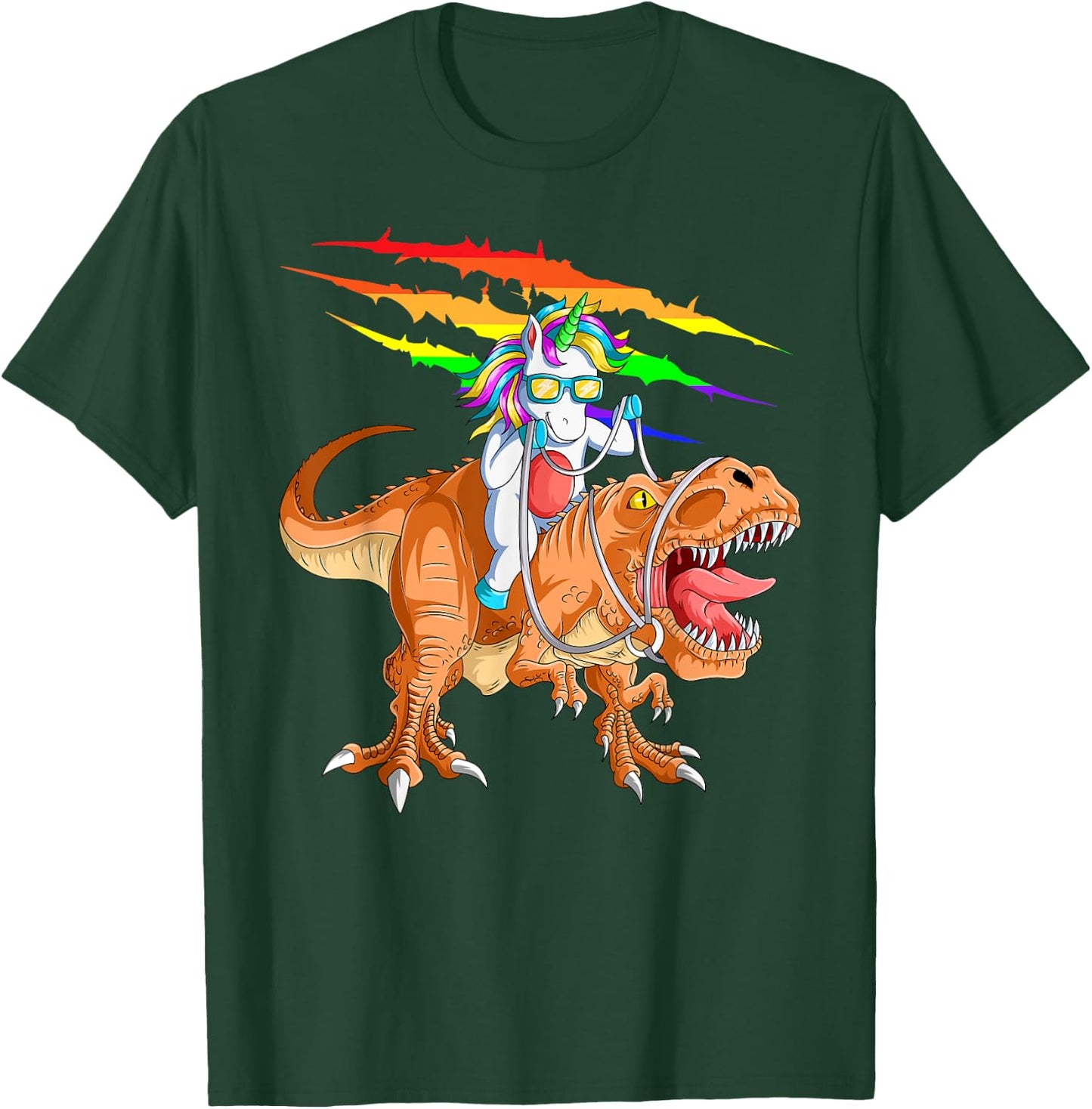 Unicorn Riding T-Rex Dinosaur For Kids Boys Girls Men Women T-Shirt - T-Shirt | Forest