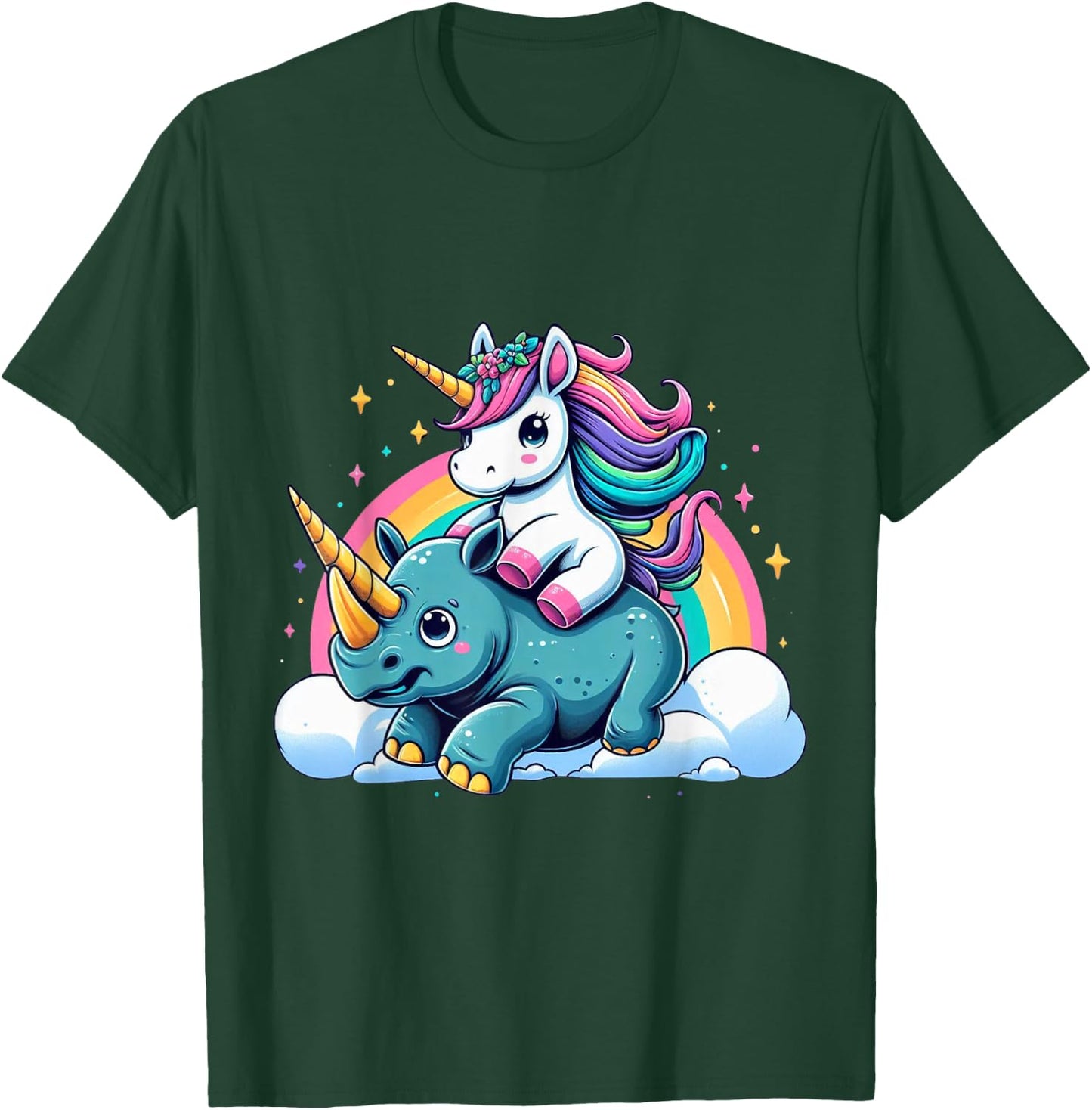Unicorn Riding Rhino Boys Girls Men Women Kids Rainbow T-Shirt - T-Shirt | Forest