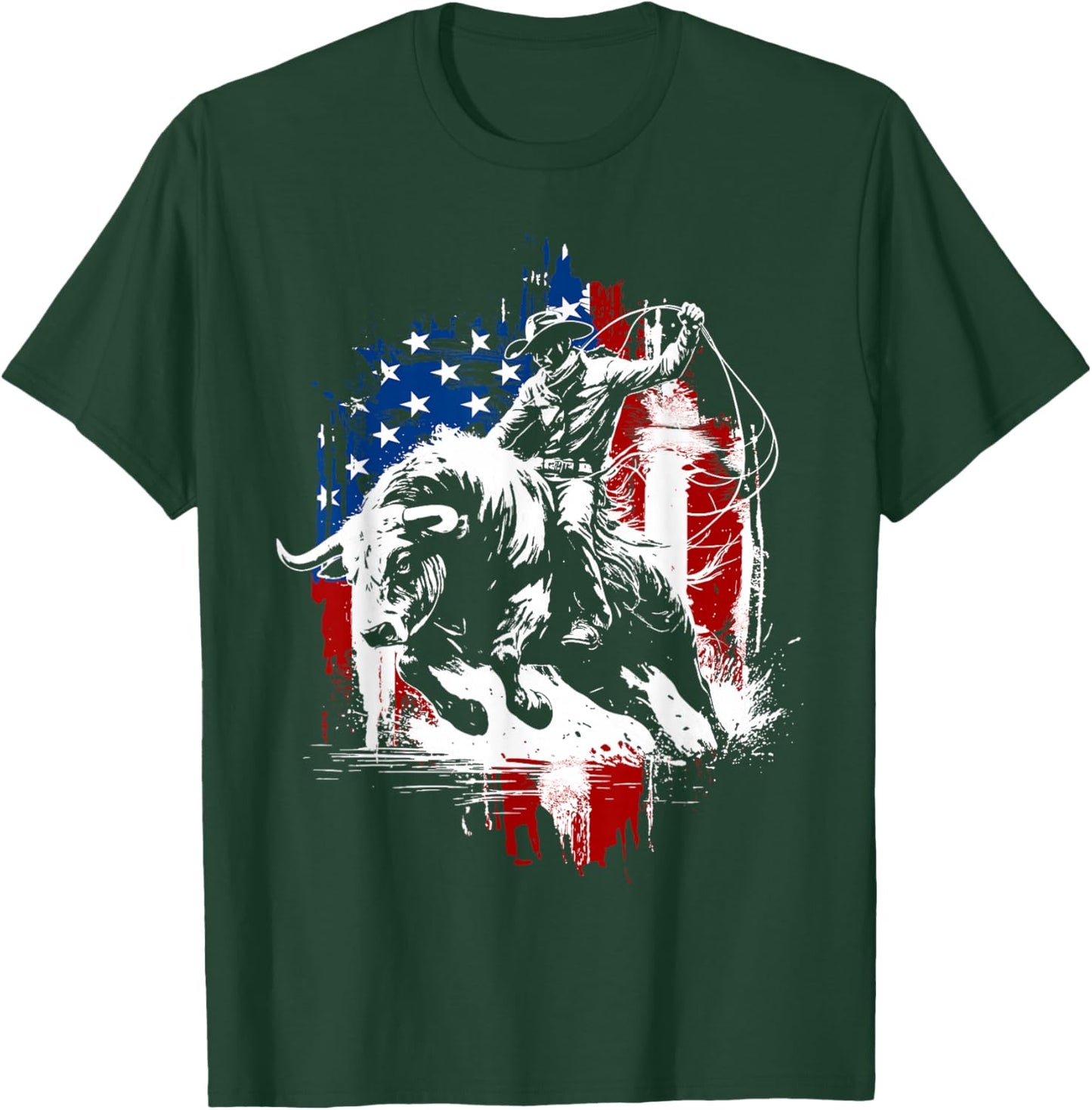 4th of July Funny Bulls Riding Western Cowboy Rodeo USA Flag T-Shirt - T-Shirt | Forest