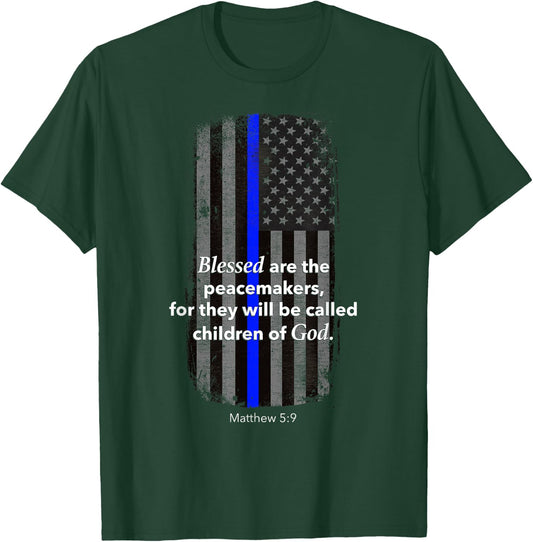 Thin Blue Line Policeman Bible Verse American Flag T-Shirt - T-Shirt | Forest