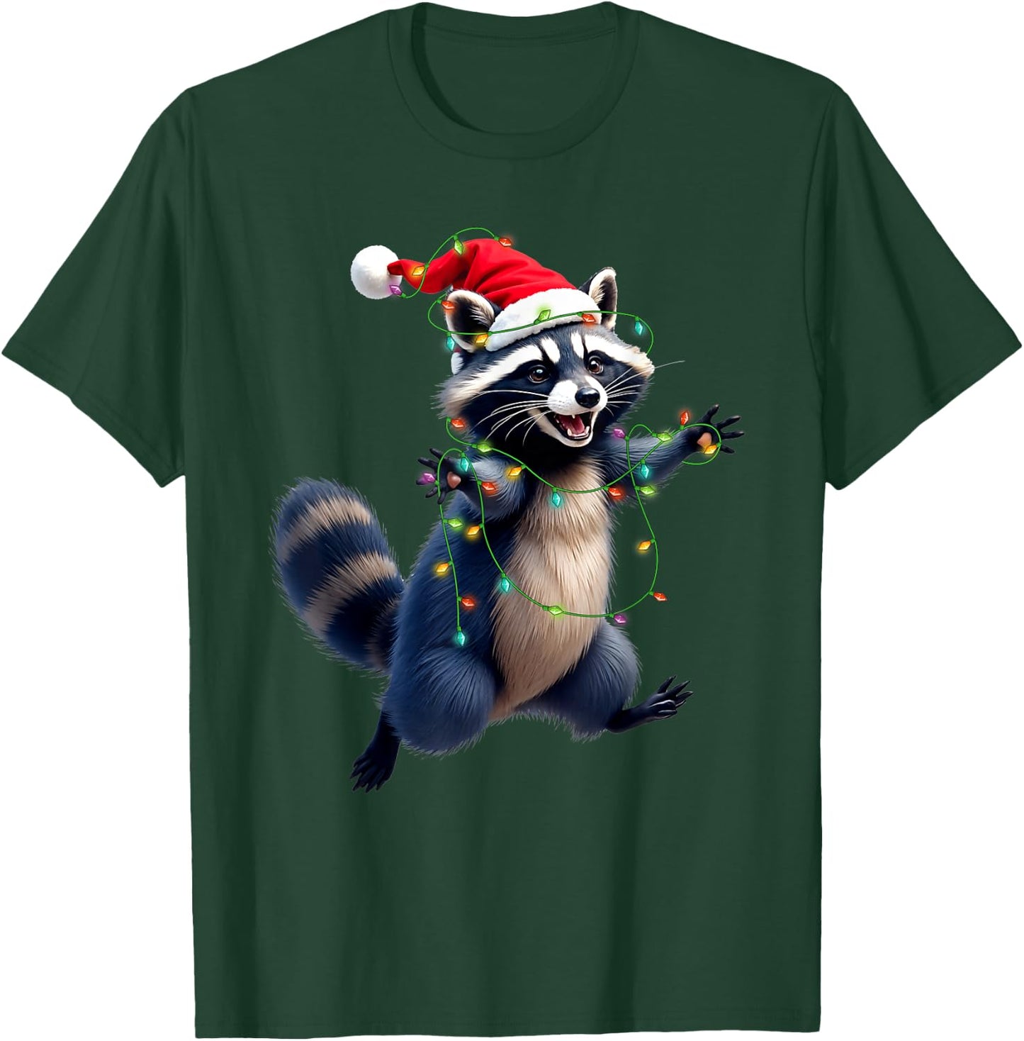 Funny Racoon Santa Hat Christmas Tree Lights Xmas PJS Kids T-Shirt - T-Shirt | Forest