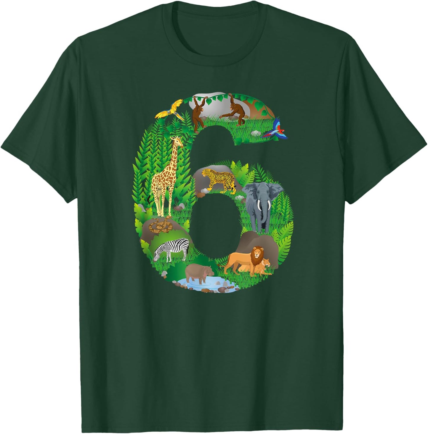 Safari Jungle Zoo animals Sixth Birthday number 6 T-Shirt - T-Shirt | Forest