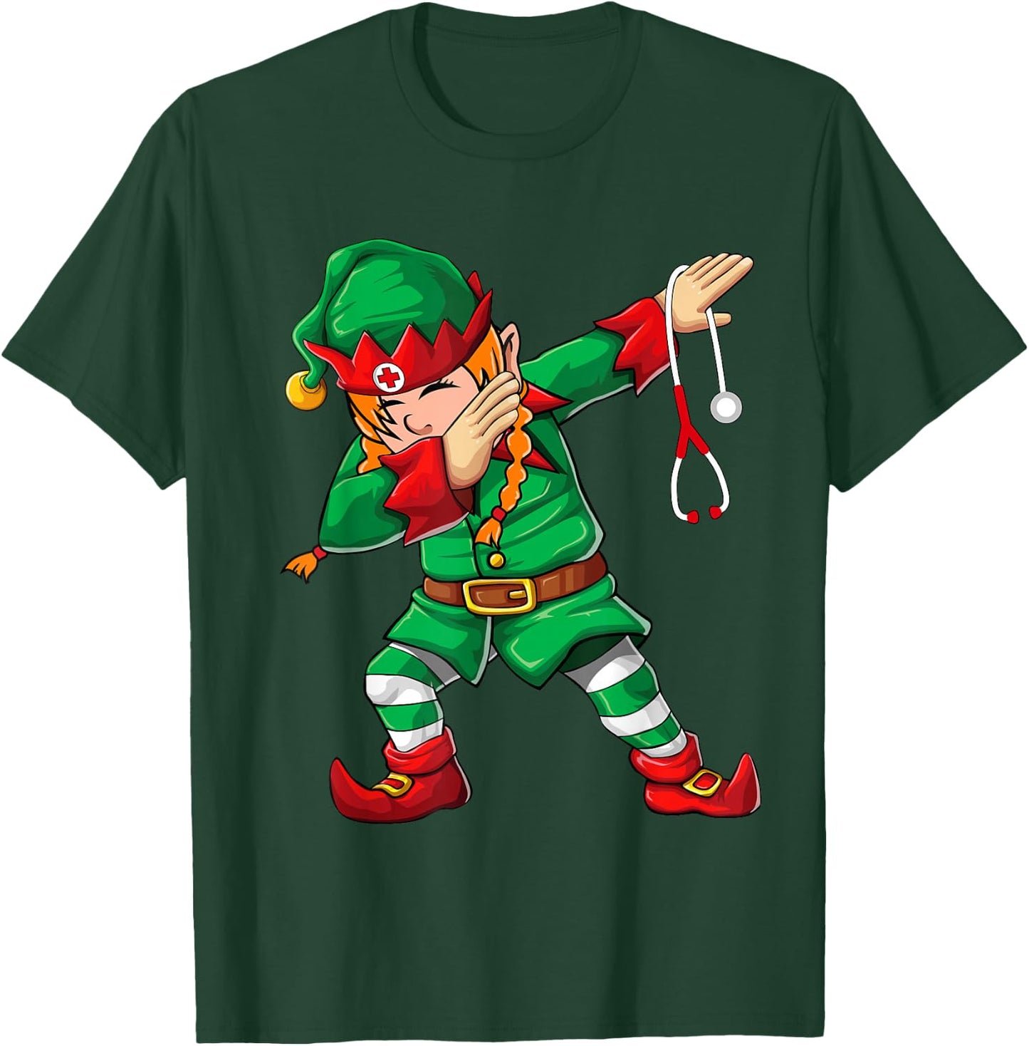 Dabbing Elf Girl Shirt Christmas Scrub Tops Women Cute Nurse T-Shirt - T-Shirt | Forest