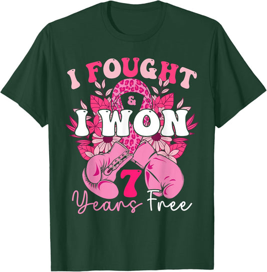 I Fought And I Won 7 Years Free Breast Cancer Awareness 2024 T-Shirt - T-Shirt | Forest