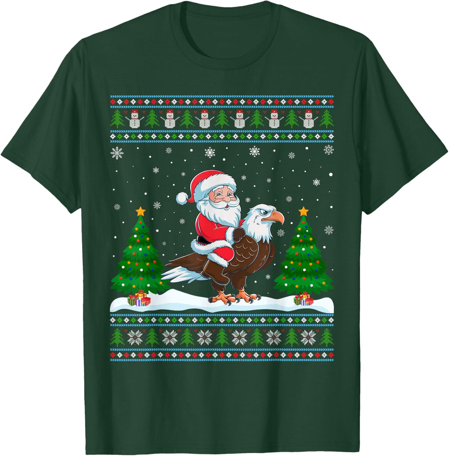 Ugly Xmas Lighting Tree Santa Riding Eagle Christmas T-Shirt - T-Shirt | Forest