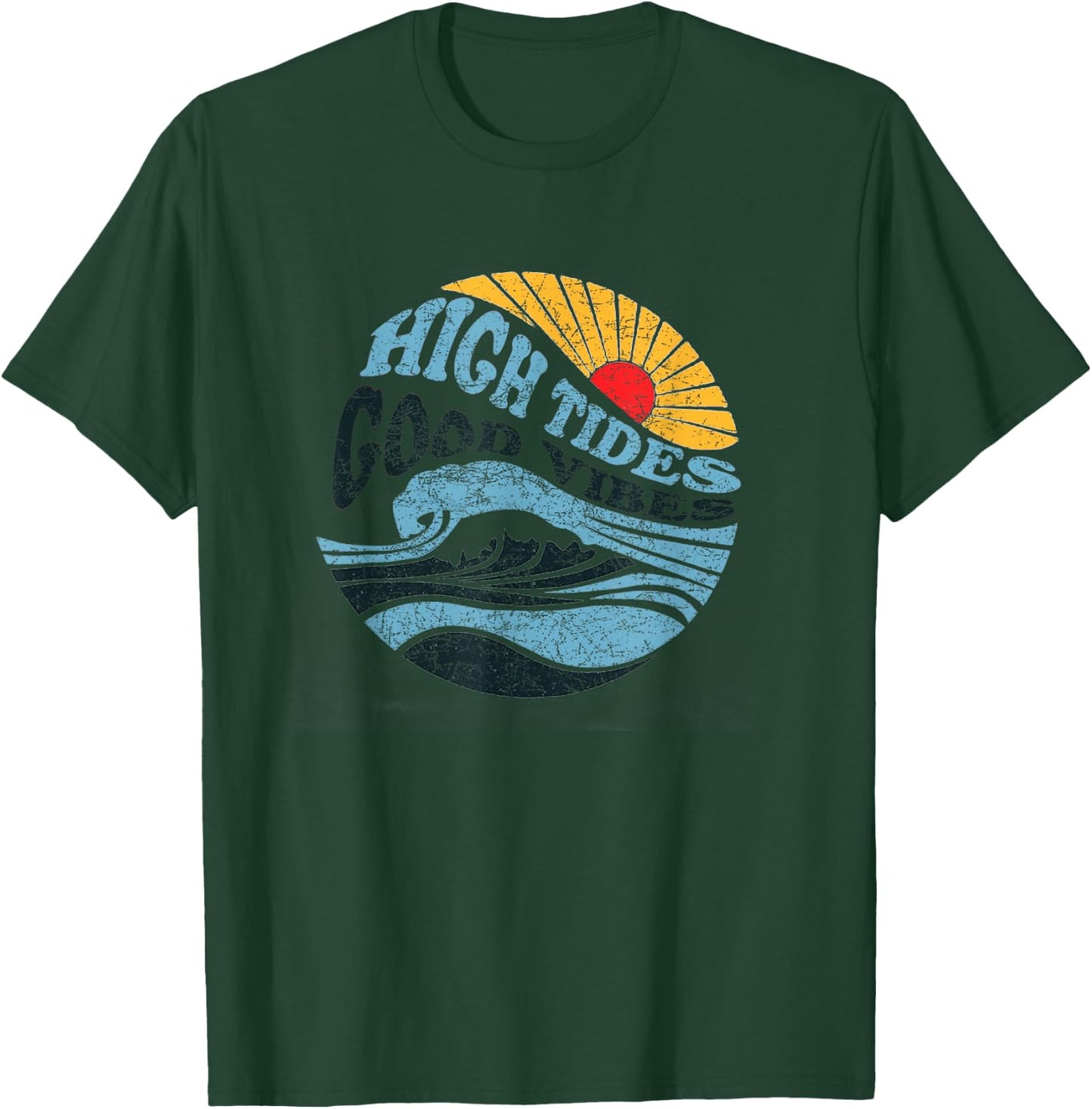 High Tides Good Vibes - Vintage Wave and Palm Tree T-Shirt - T-Shirt | Forest