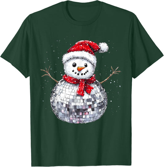 Snowman Christmas Retro Santa Hat Disco Ball Matching Family T-Shirt - T-Shirt | Forest