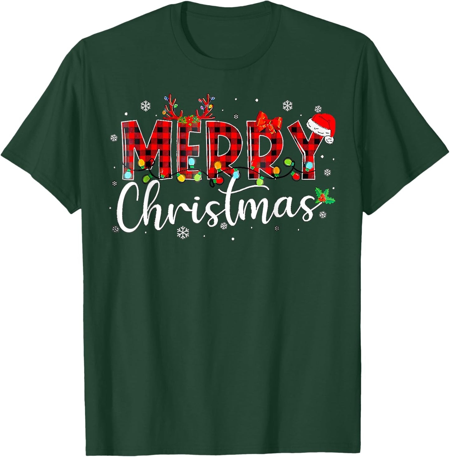 Merry Christmas Buffalo Plaid Red Santa Hat Xmas Pajamas T-Shirt - T-Shirt | Forest