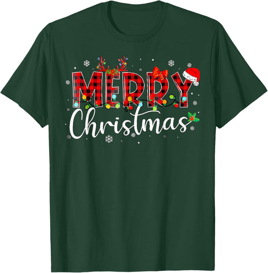 Merry Christmas Buffalo Plaid Red Santa Hat Xmas Pajamas T-Shirt - T-Shirt | Forest