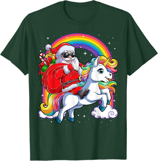 Christmas Santa Riding Unicorn Xmas Girls Women Rainbow Short Sleeve T-Shirt - T-Shirt | Forest