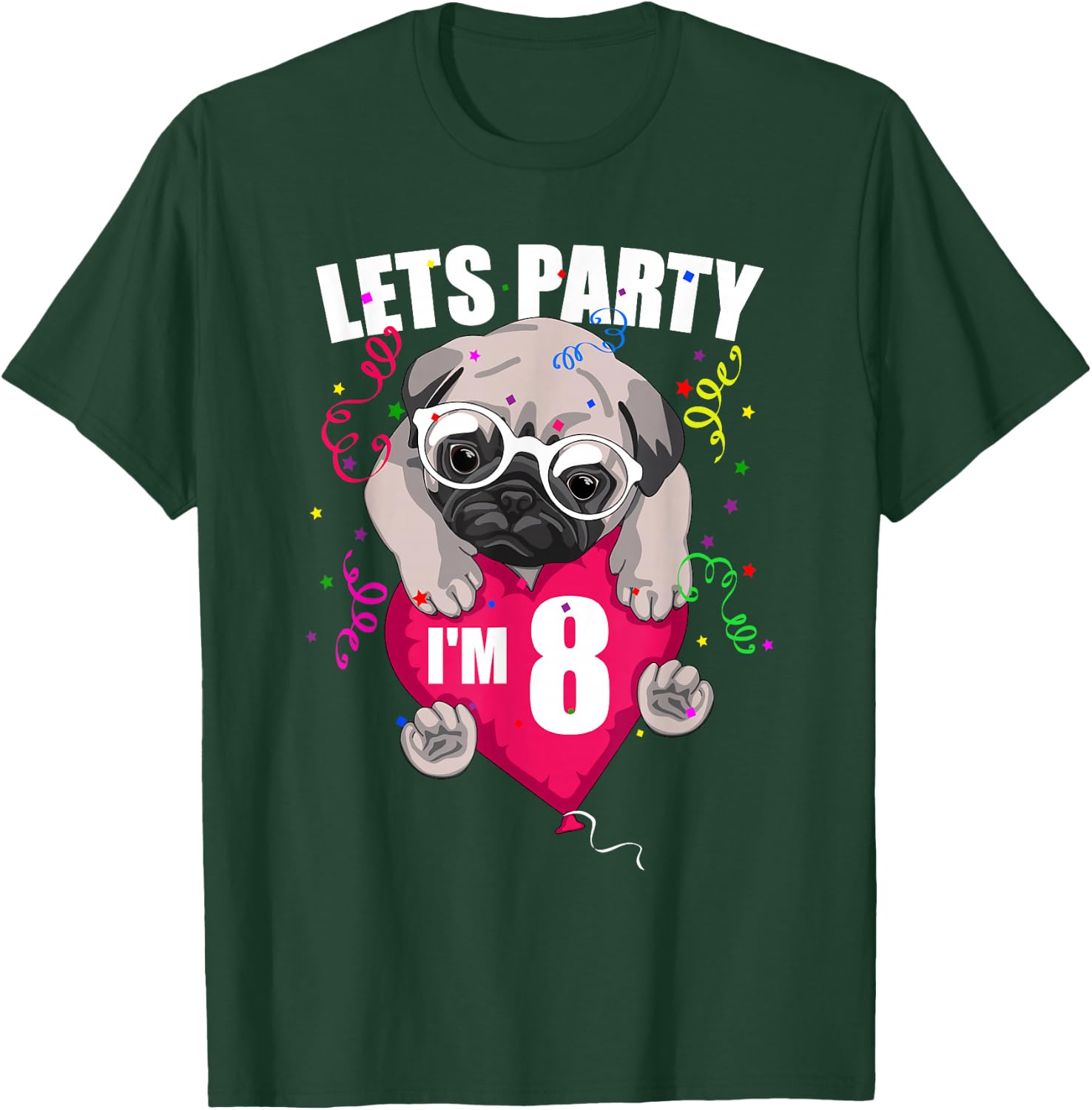 Pug Birthday I'm eight Lets Party 8th B'day cute dog flying T-Shirt - T-Shirt | Forest