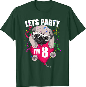 Pug Birthday I'm eight Lets Party 8th B'day cute dog flying T-Shirt - T-Shirt | Forest