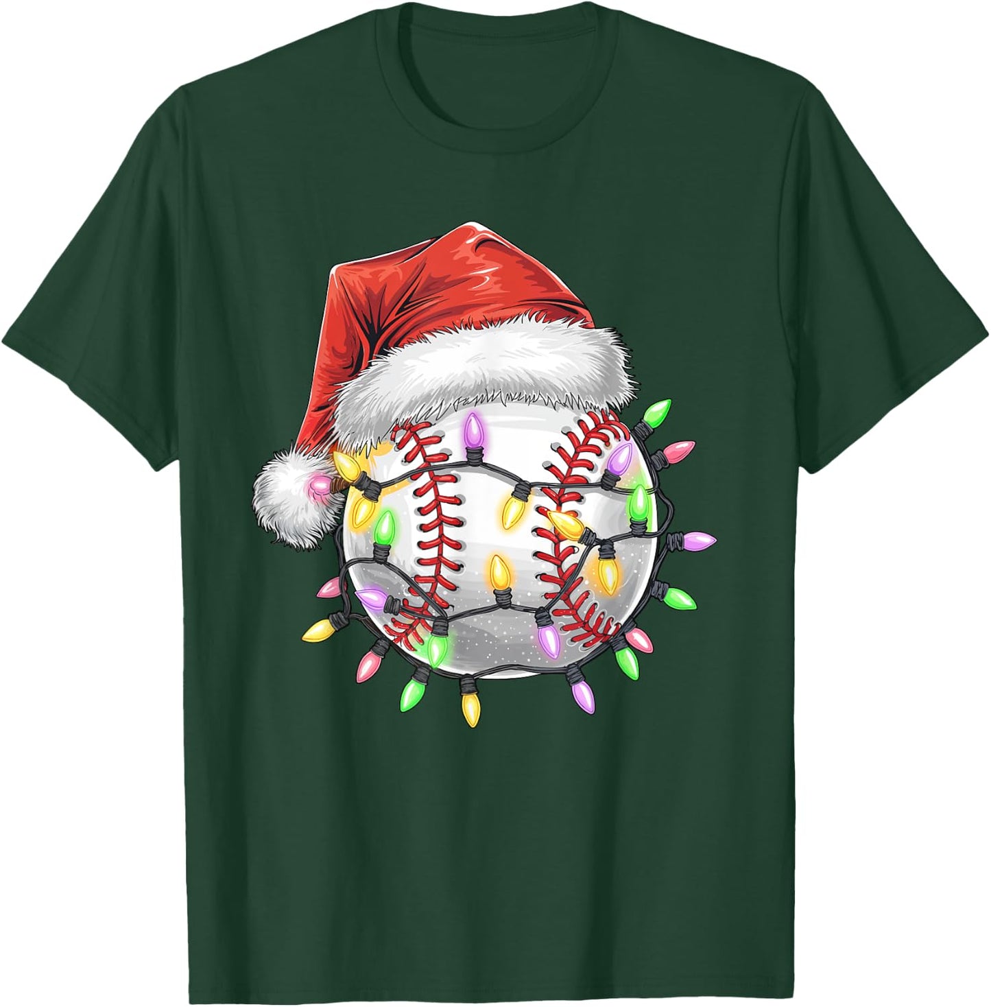 Baseball Christmas Lights Men Boys Youth Santa Sports T-Shirt - T-Shirt | Forest