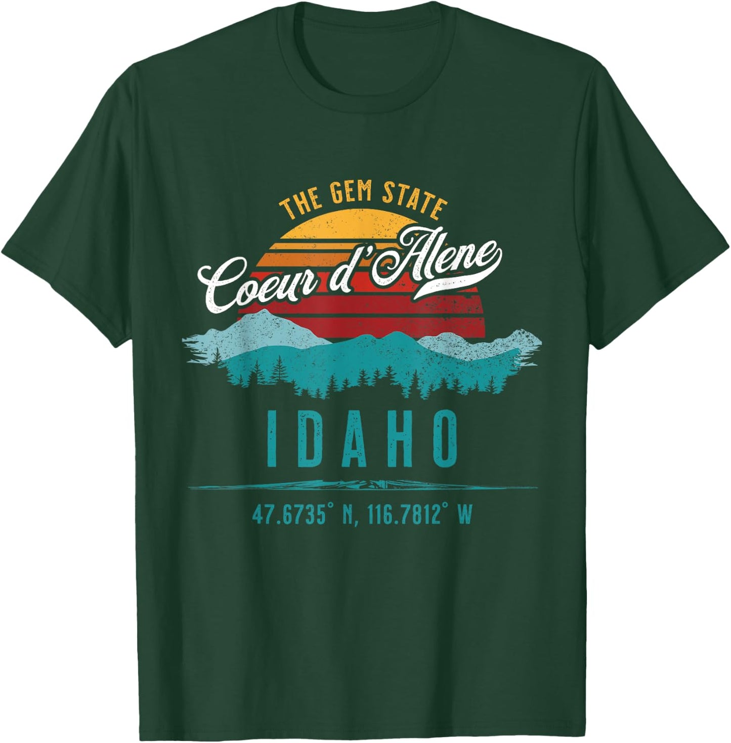 Retro Coeur d'Alene Idaho Mountains Sun Vintage Souvenir T-Shirt - T-Shirt | Forest