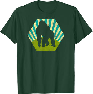 Silverback Gorilla on Retro Blue Green Sunburst Graphic T-Shirt - T-Shirt | Forest
