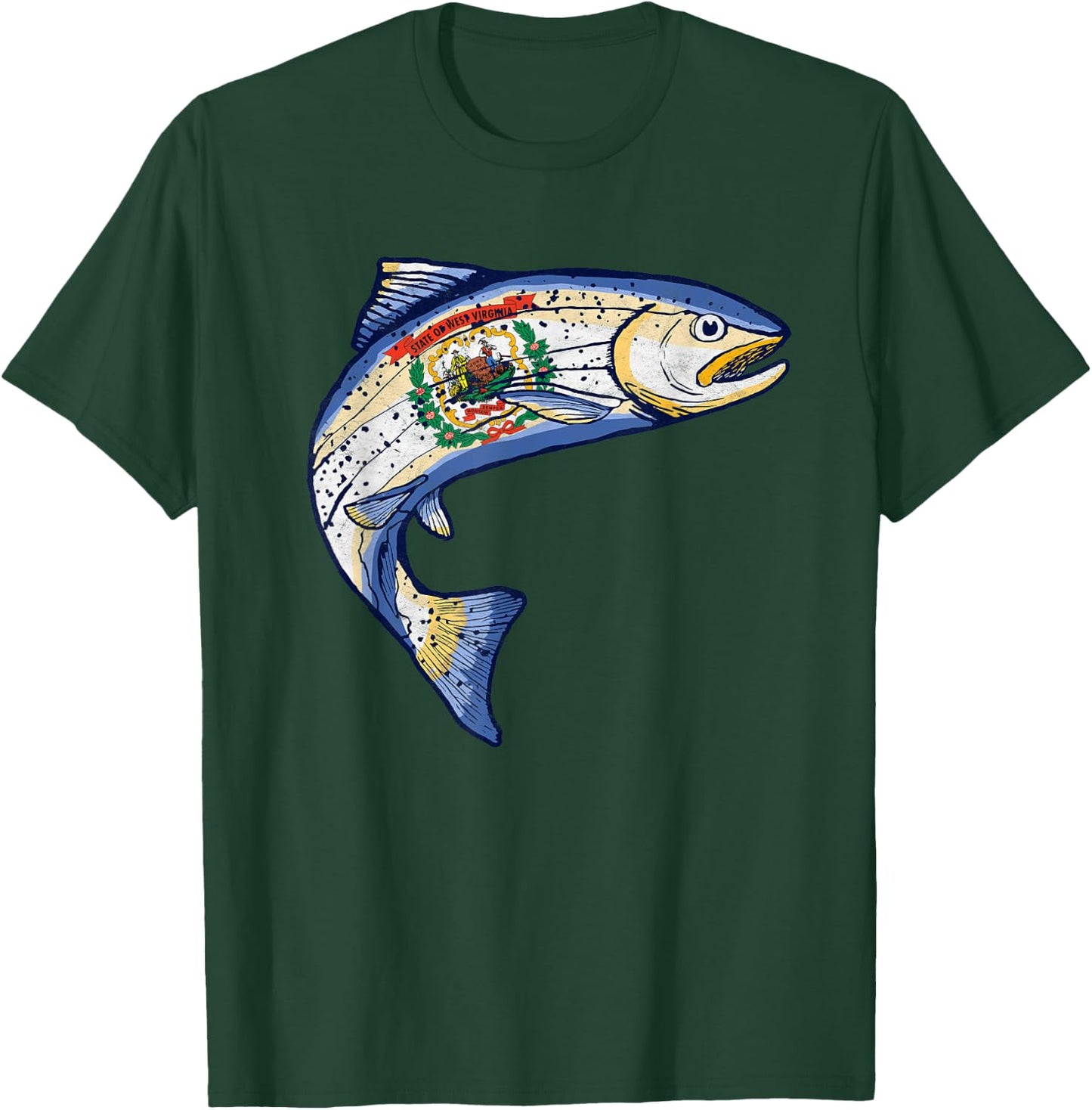 Retro West Virginia Flag Trout Vintage Fly Fishing Graphic T-Shirt - T-Shirt | Forest
