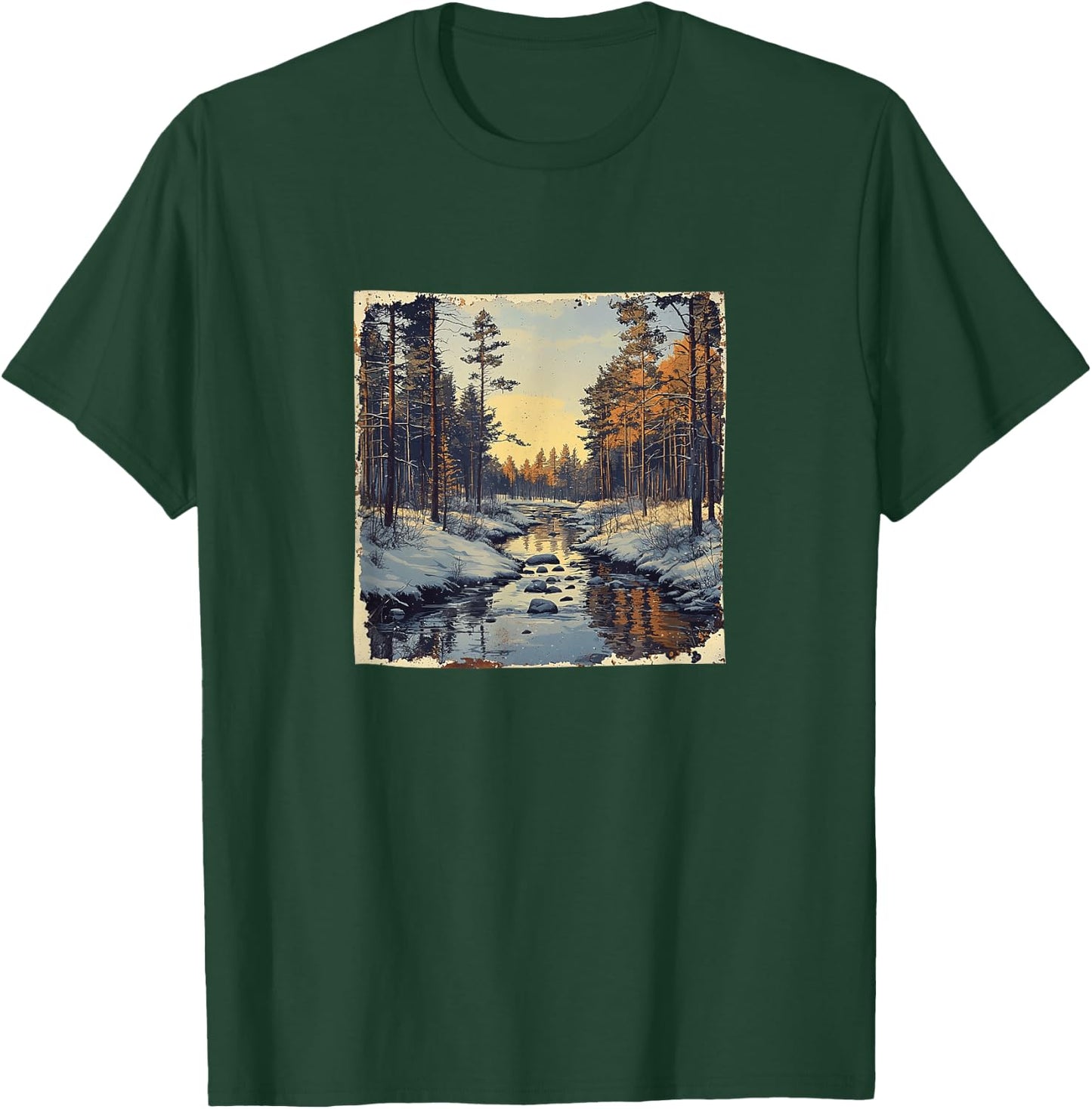 River In Winter Forest Vintage Landscape Graphic T-Shirt - T-Shirt | Forest