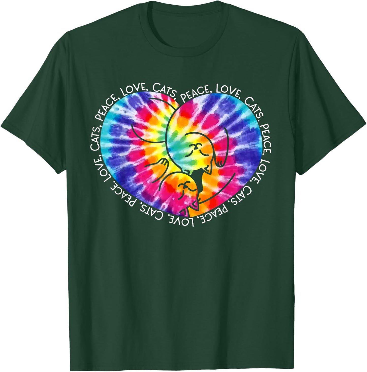 Peace Love Cats Tie Dye Heart Kitty Hippie Groovy Retro Gift T-Shirt - T-Shirt | Forest