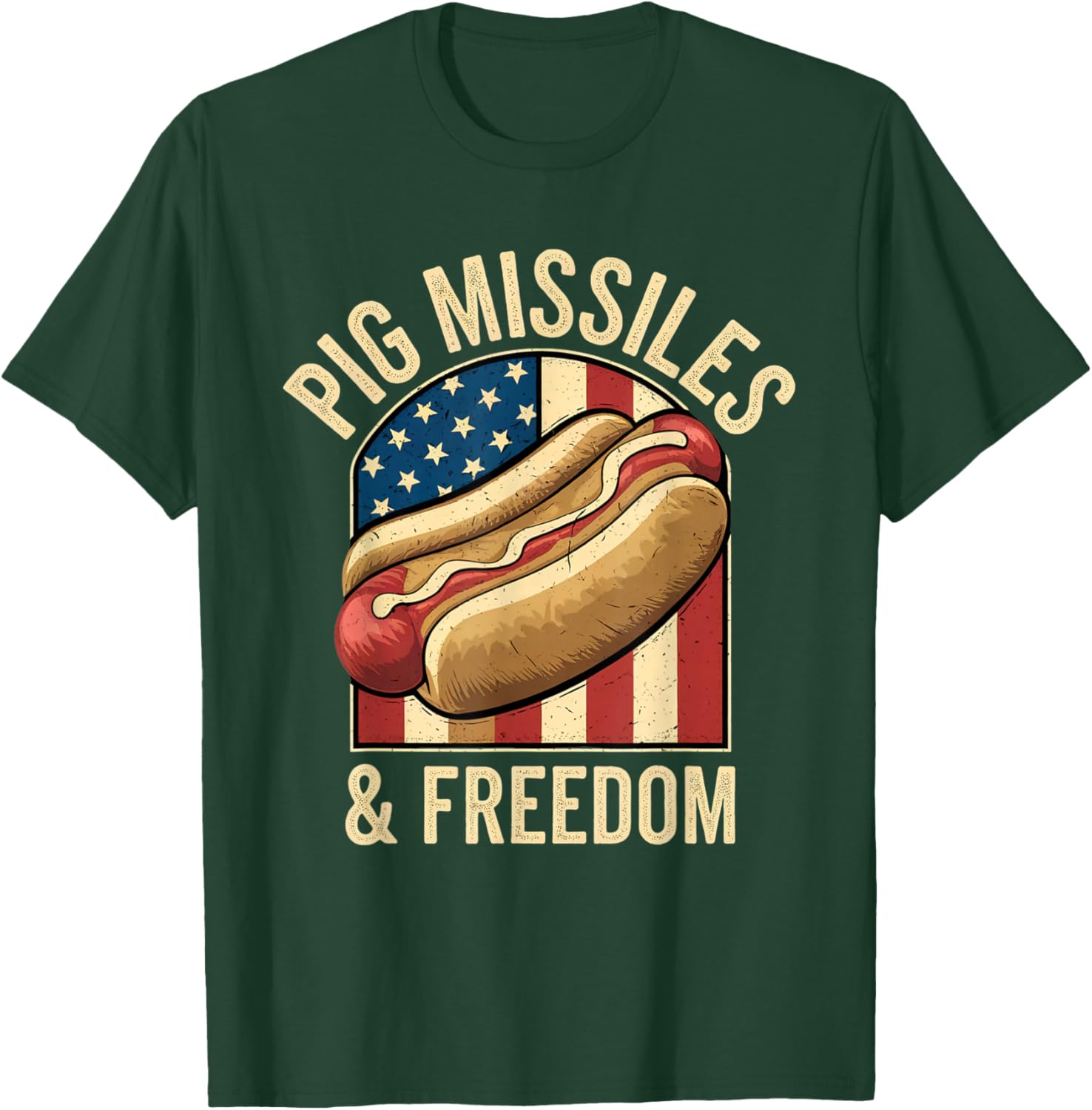 Pig Missiles & Freedom 4th of July Patriotic USA Flag Hotdog T-Shirt - T-Shirt | Forest