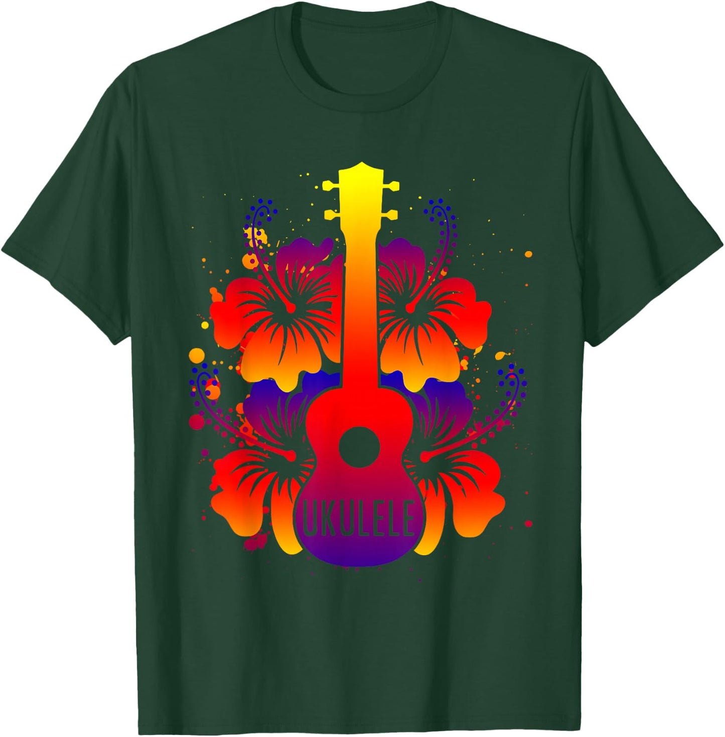 Ukulele - Hawaiian Hibiscus Flowers Floral Summer T-Shirt - T-Shirt | Forest
