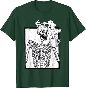 Halloween Coffee Drinking Skeleton Coffee Skull T-Shirt - T-Shirt | Forest