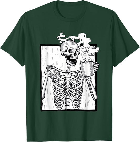 Halloween Coffee Drinking Skeleton Coffee Skull T-Shirt - T-Shirt | Forest