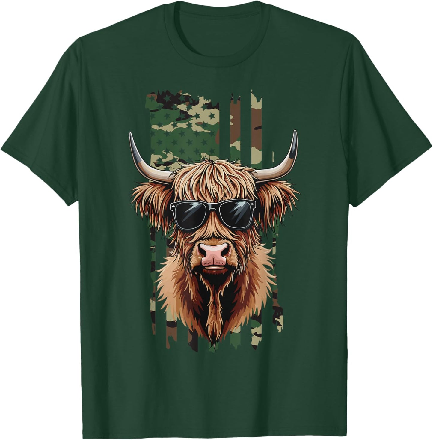 Highland Cow Camo American Flag, Patriotic Highland Cow T-Shirt - T-Shirt | Forest