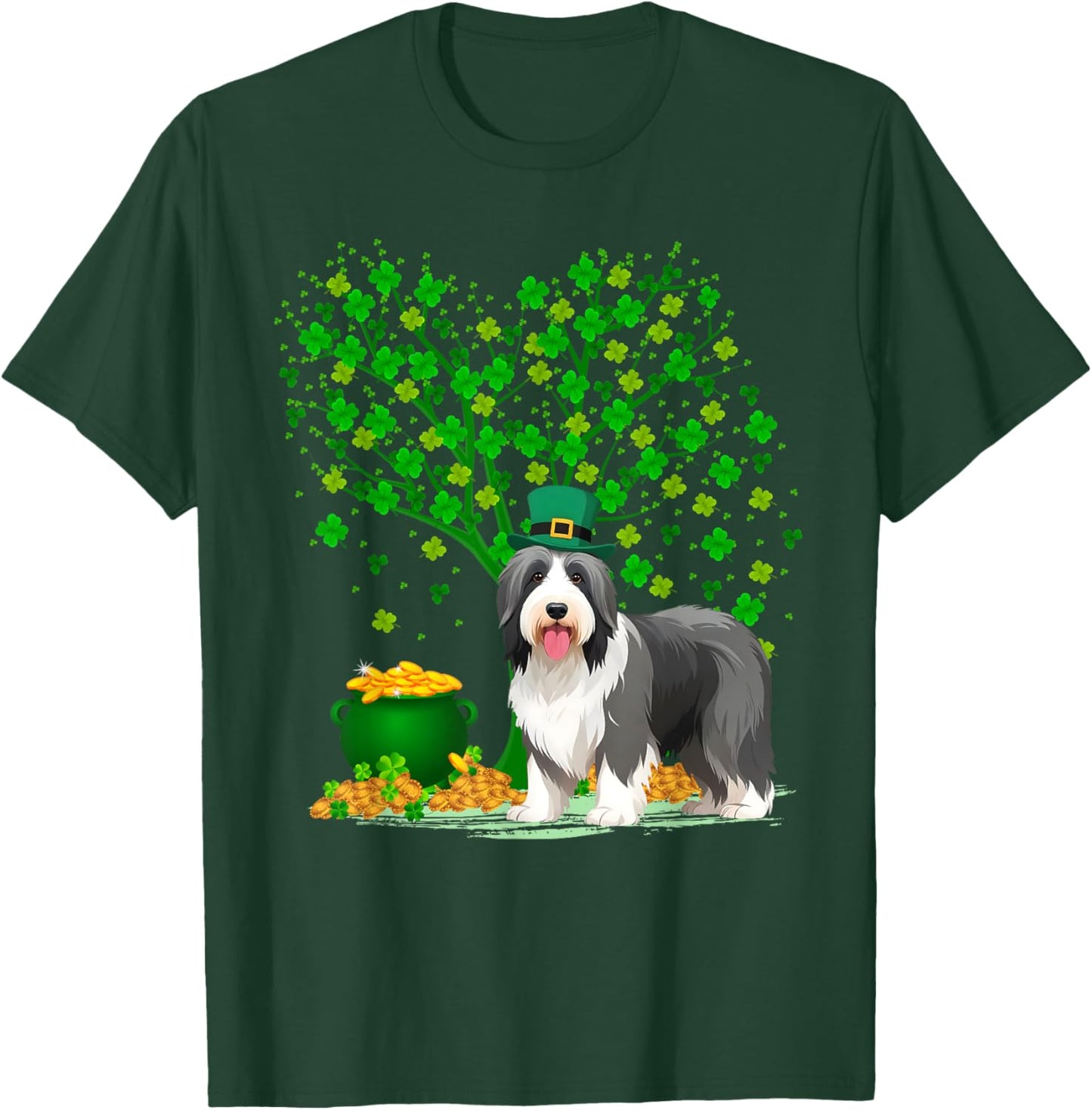 Shamrock Tree Leprechaun Bearded Collie Dog St Patrick's Day T-Shirt - T-Shirt | Forest