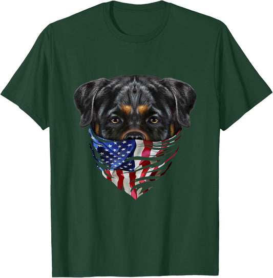 Patriotic Rottweiler Dog in Flag of USA Bandana T-Shirt - T-Shirt | Forest