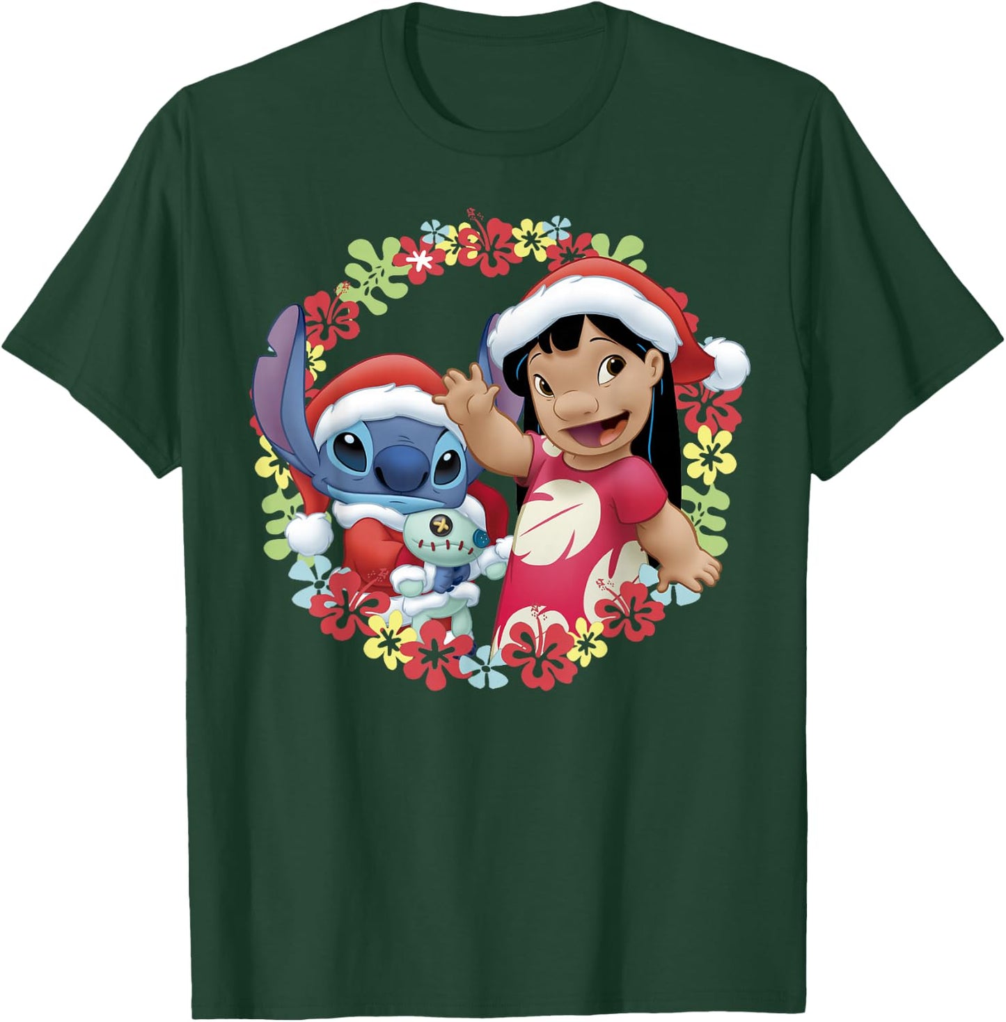 Disney Lilo & Stitch Christmas Hawaiian Flower Wreath T-Shirt - T-Shirt | Forest