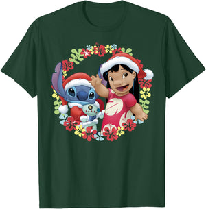 Disney Lilo & Stitch Christmas Hawaiian Flower Wreath T-Shirt - T-Shirt | Forest