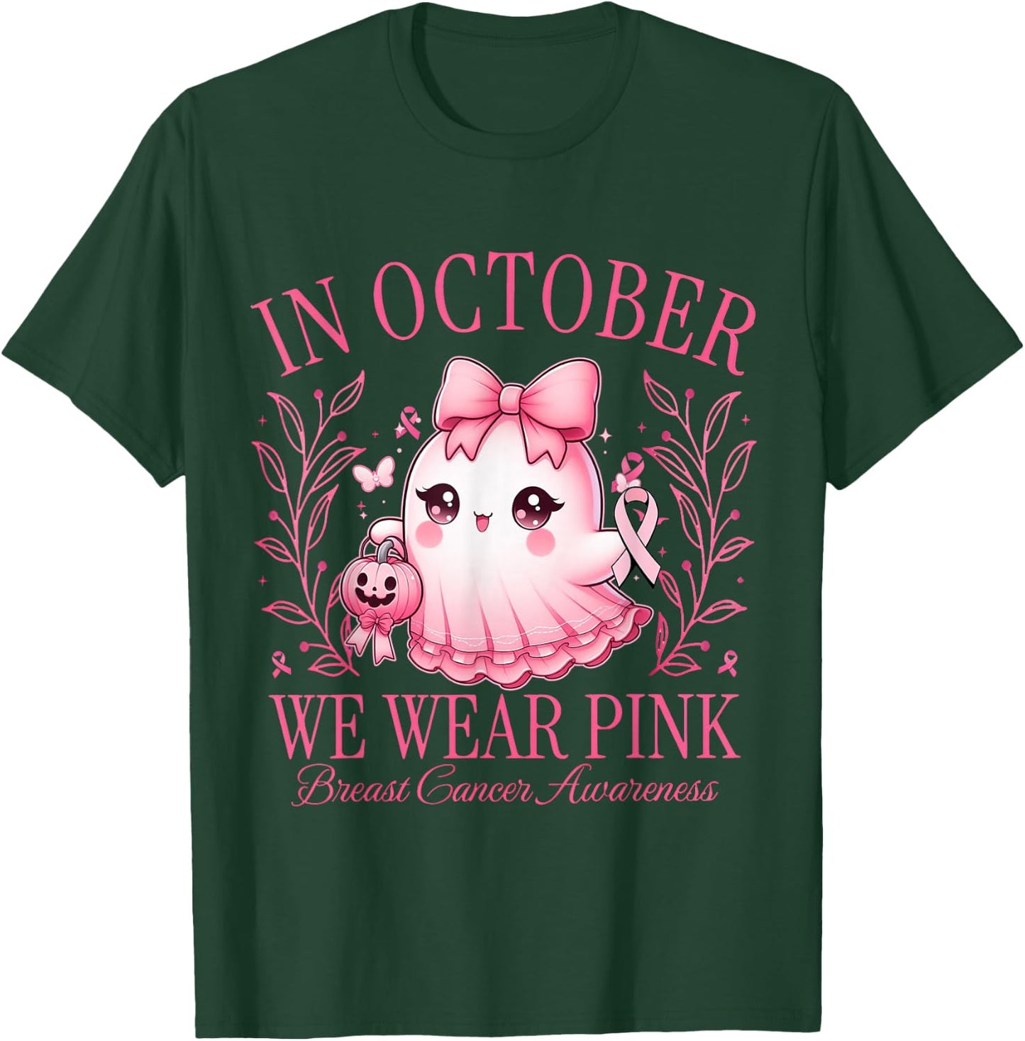 In October We Wear Pink Breast Cancer Ghost Coquetty T-Shirt - T-Shirt | Forest