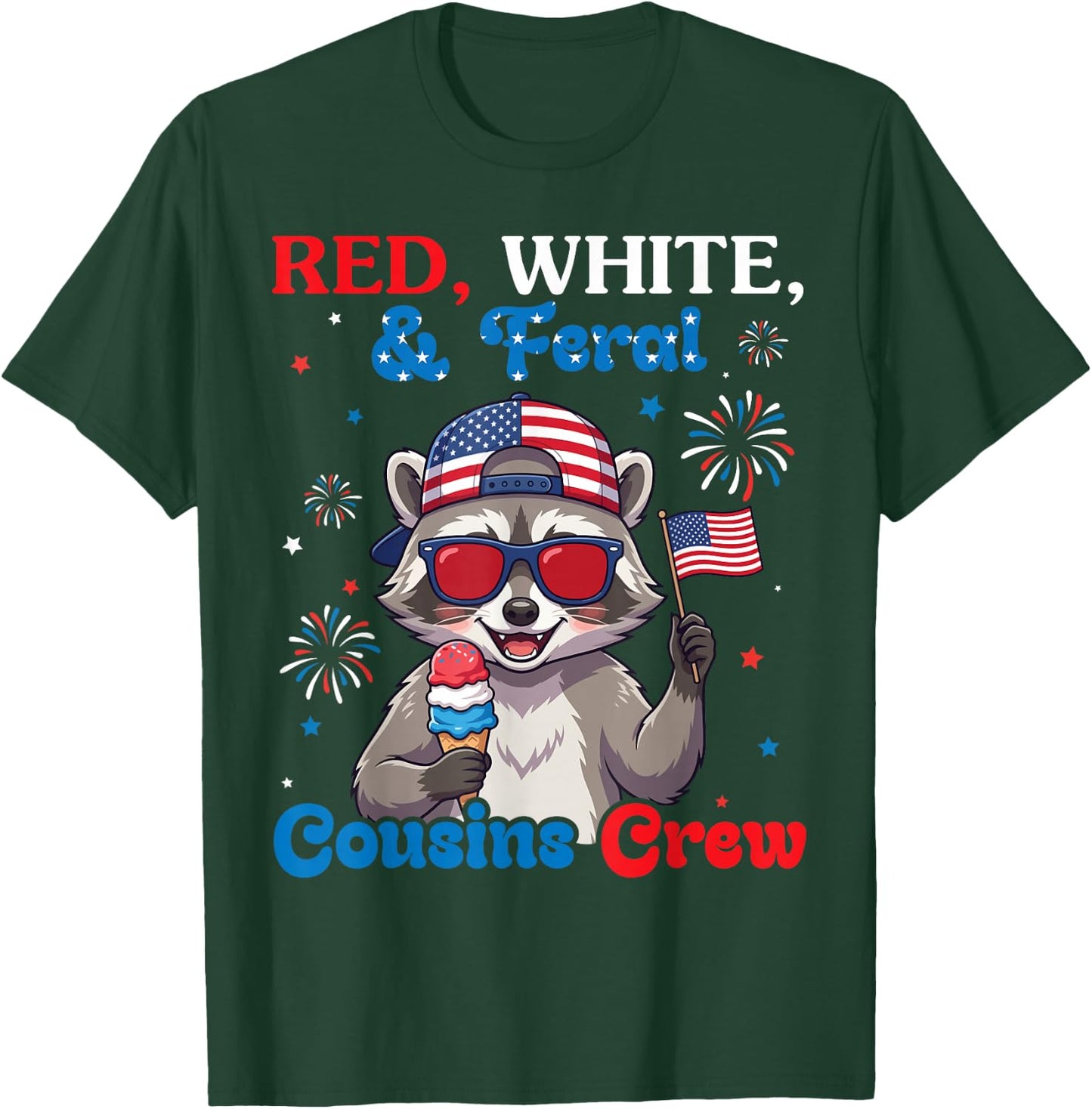 Red White Feral Cousins Crew Patriotic Raccoon July 4th Boys T-Shirt - T-Shirt | Forest