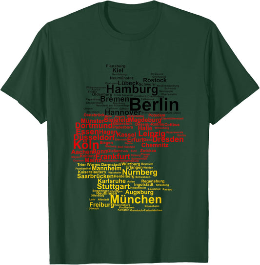 Germany Map Silhouette Towns Cities Flag Berlin Travel T-Shirt - T-Shirt | Forest
