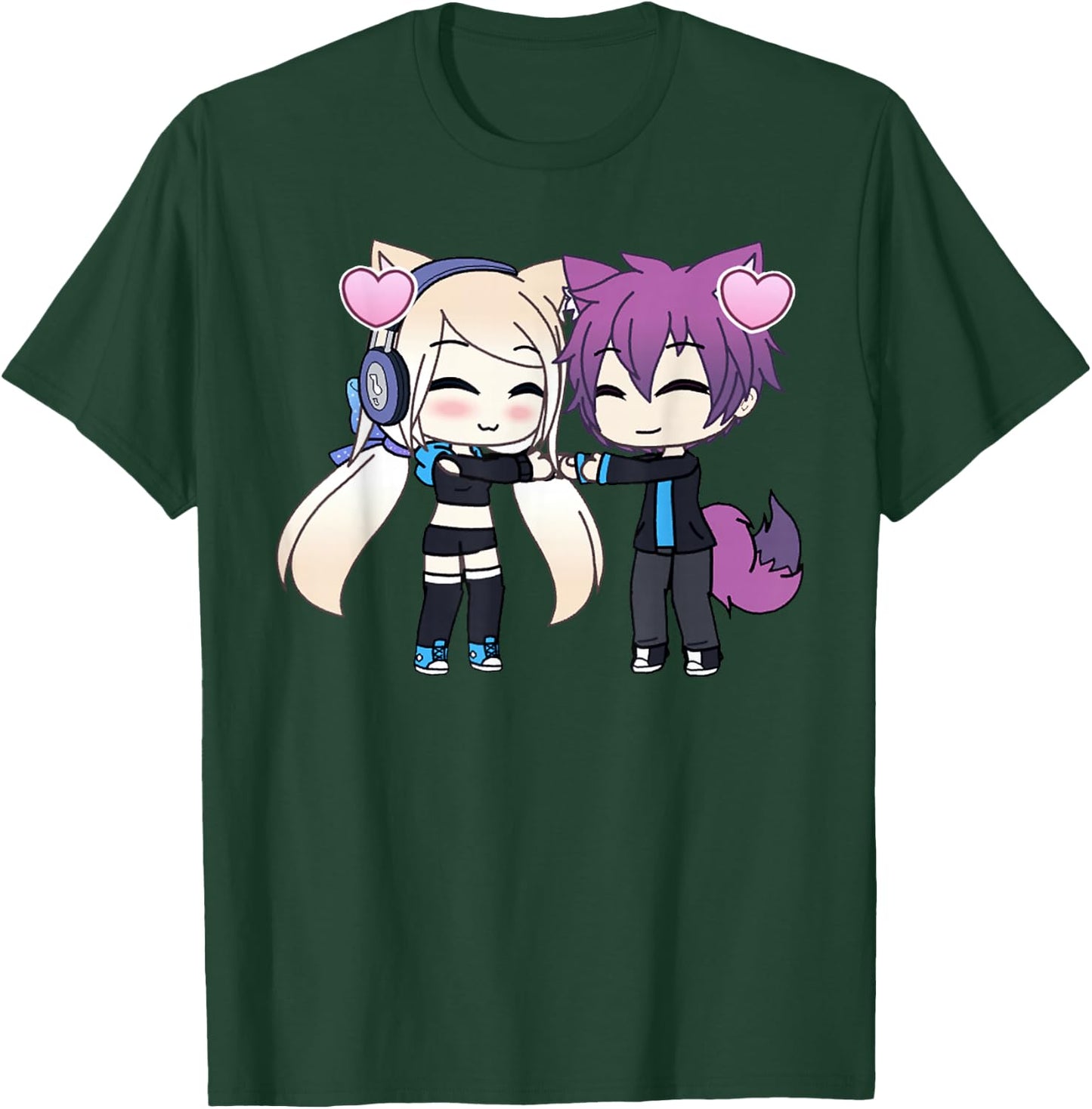 Cute Chibi Style Kawaii Anime Girl and Boy Couple and Hearts T-Shirt - T-Shirt | Forest
