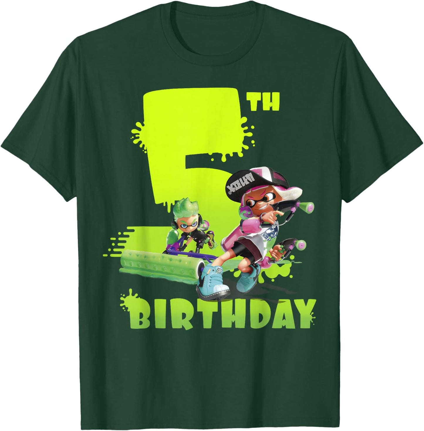 Splatoon Inkling 5th Birthday Green Splatter Portrait T-Shirt - T-Shirt | Forest