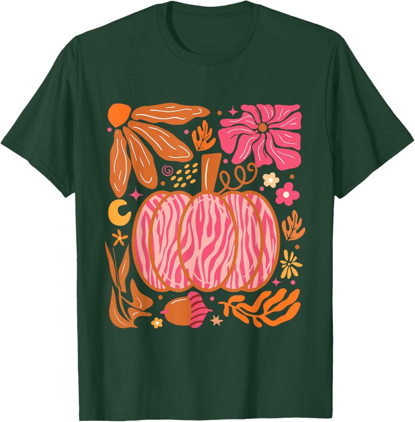 Leopard Pink Pumpkin Boho Floral Fall, Autumn Vibes T-Shirt - T-Shirt | Forest