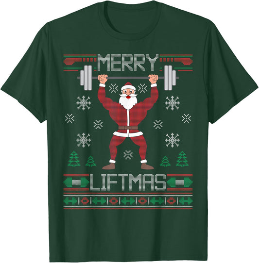 Merry Liftmas Ugly Christmas Sweater Santa Claus Gym Workout T-Shirt - T-Shirt | Forest
