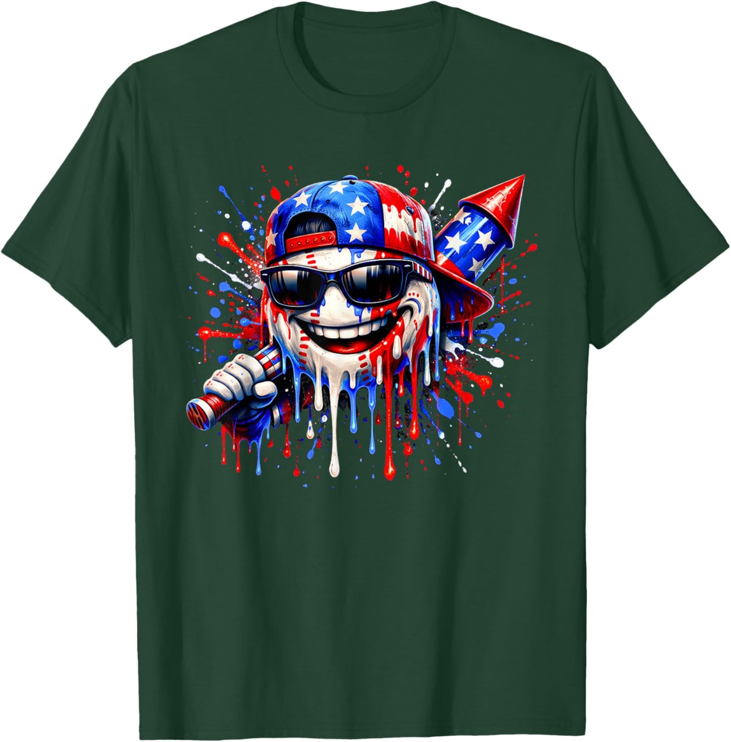 Baseball Drip 4th July USA Flag Patriotic Independence Day T-Shirt - T-Shirt | Forest