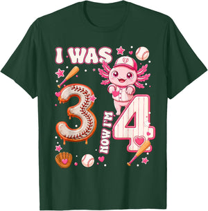 I was 3 Now I'm 4 Baseball Axolotl 4th Birthday Kids Party T-Shirt - T-Shirt | Forest