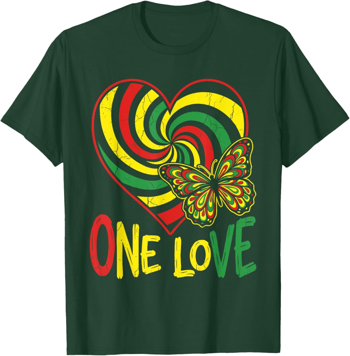 One Love Rasta Heart Butterfly Reggae Roots Jamaica Style T-Shirt - T-Shirt | Forest