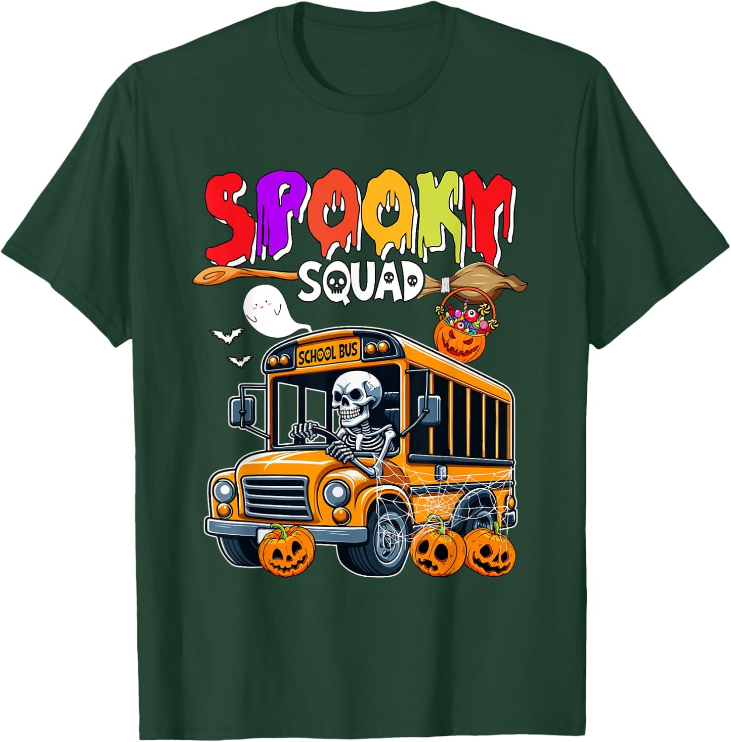 Spooky Halloween Squad Horror Skeleton Driving School Bus T-Shirt - T-Shirt | Forest