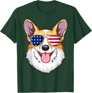 Patriotic Corgi American Flag Glasses 4th July Corgi T-Shirt - T-Shirt | Forest