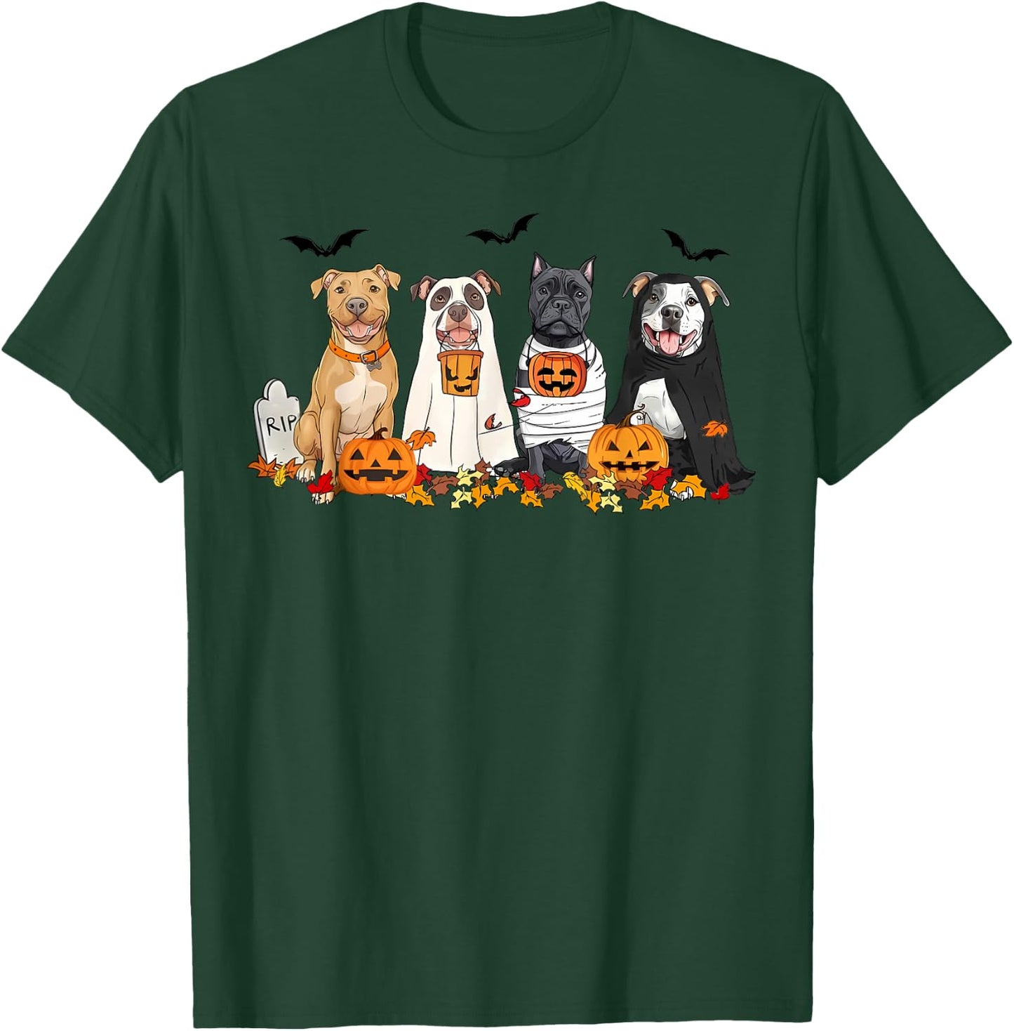 Pit Bull Dogs Ghost Witch Mummy Halloween Pumpkins Spooky T-Shirt - T-Shirt | Forest