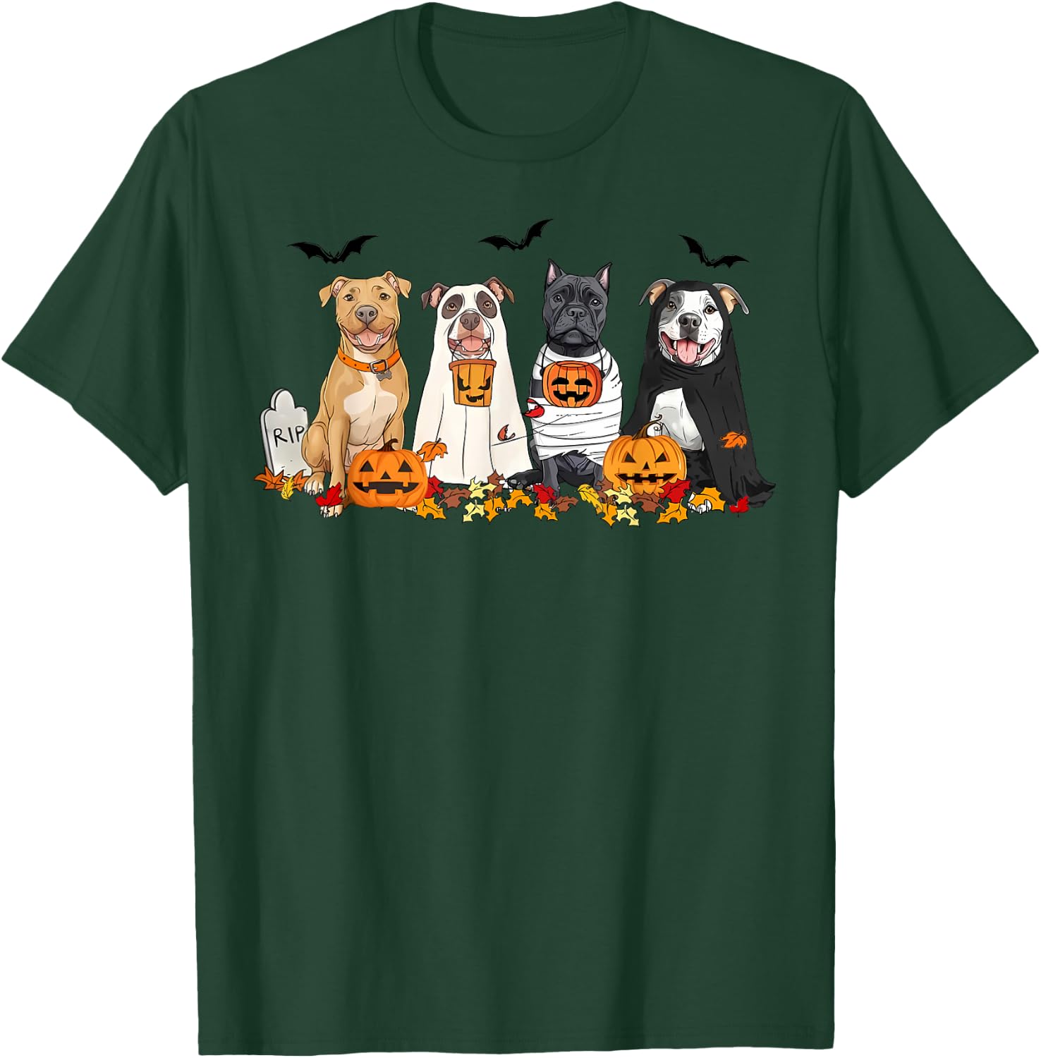 Pit Bull Dogs Ghost Witch Mummy Halloween Pumpkins Spooky T-Shirt - T-Shirt | Forest