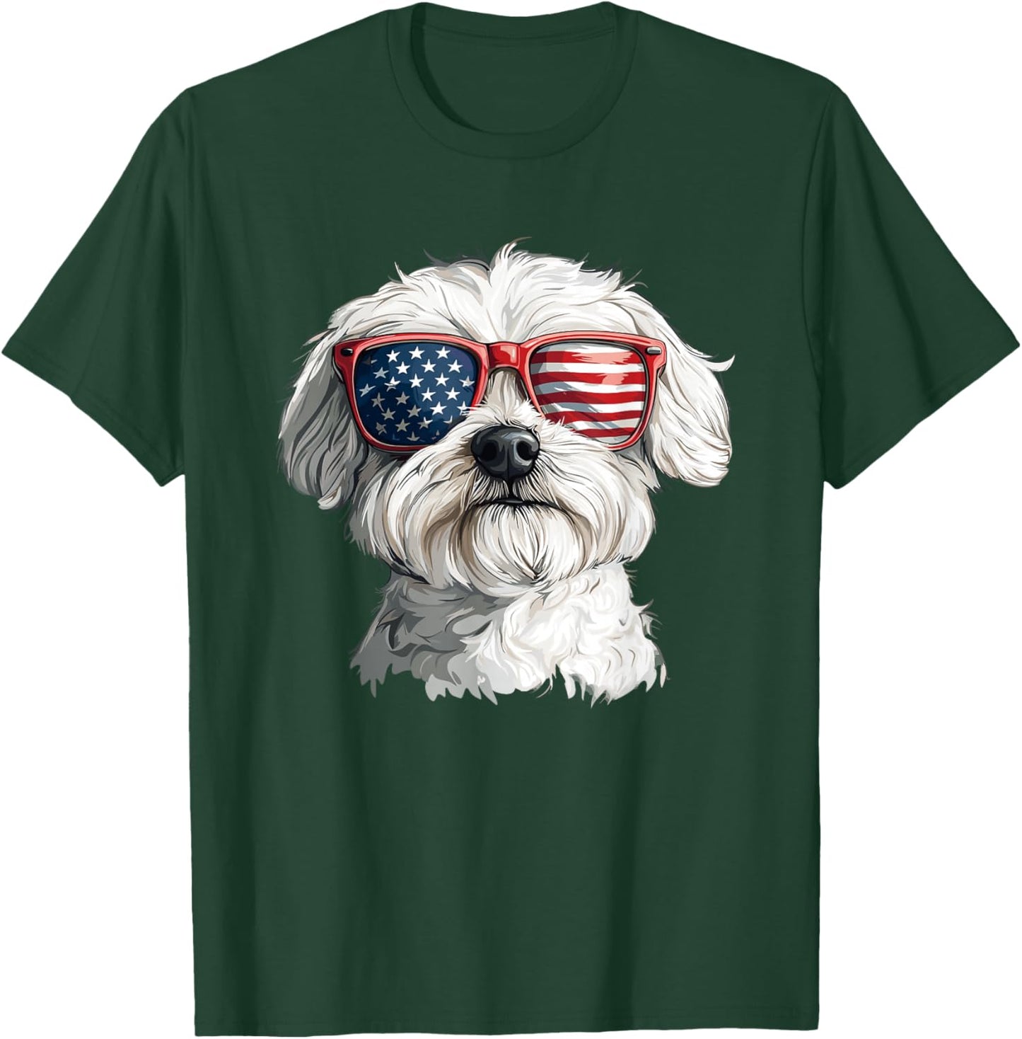 Patriotic Maltese USA Flag Sunglasses Dog Lover 4th Of July T-Shirt - T-Shirt | Forest